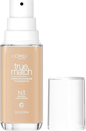 L'Oreal Paris True Match Super-Blendable Foundation, Medium Coverage Liquid Foundation Makeup with SPF 17, N3, Light Medium, 1 Fl Oz